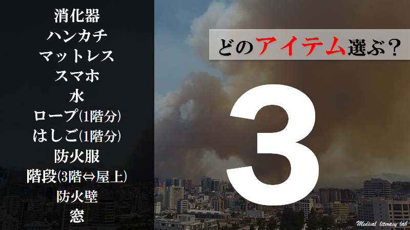 火事から避難するために、３つのアイテムを選ぶならどれ？